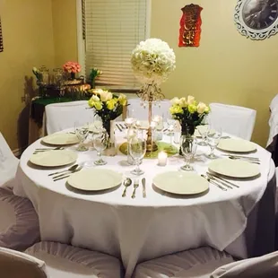 Table and chair covers worked great for the decor