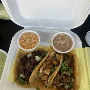 Carna Signature Asada Taco Lunch Al Pastor Pork Taco premium Chicken Taco Lunch rice and beans corn tortilla