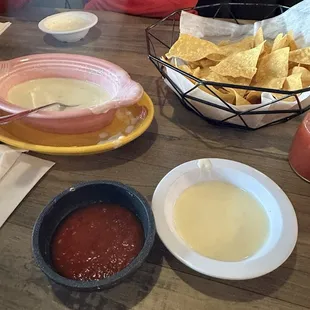 Chips and salsa with cheese queso