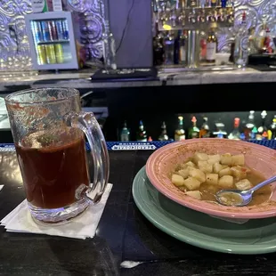 Green chile stew and michelada