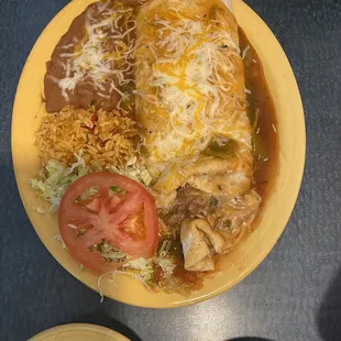 Ground beef burrito plate smothered w Green Chili (spicy)