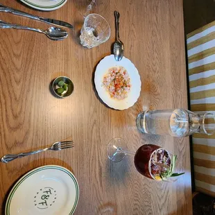 Our crudo, my gibson, and my wife's spritz.