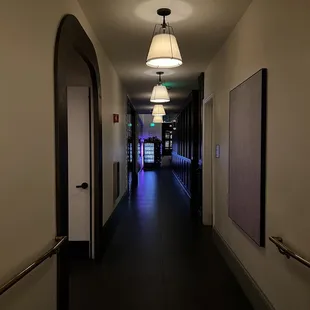 a long hallway with a lamp hanging from the ceiling