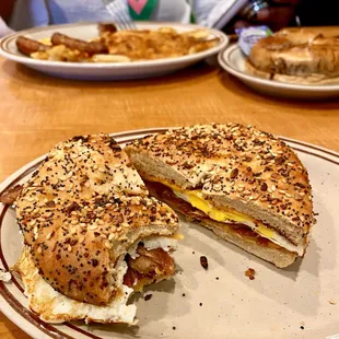 Bacon, egg and cheese sandwich on an everything bagel - WOW! Delicious &amp; filling.