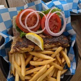 Mahi mahi fish sandwich with fries $14