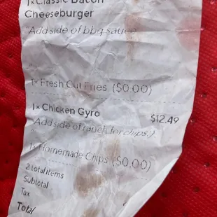 My receipt from fifth Ave Taphouse.