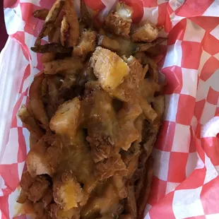 Loaded cheese fries with crispy chicken- so great!