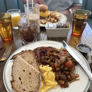 breakfast sandwich and the classic breakfast (scrambled eggs, bacon.