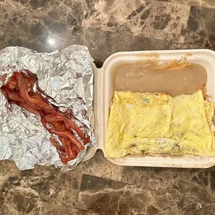 Onion &amp; Mushroom Omelette with Cheese and a side of crispy Bacon