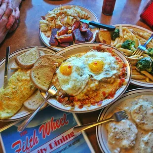 Porky Pig Omelette,  Biscuits n Gravy,  Heavenly Hash,  Kielbasa,  Chicken Broccoli Alfredo Noodles