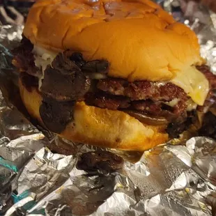 Fifty/Fifty Burger with Sautéed Mushrooms and caramelized onions.