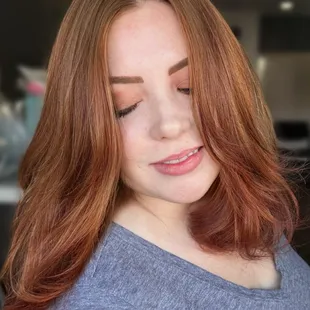 Balayage high and low, all over copper beige toner, by Claudia