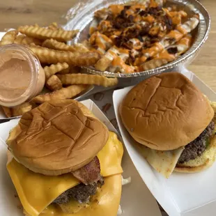 Single (California style) w/fries. Double (Kansas style) w/ loaded fries