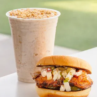 Seasonal hot honey chicken sandwich + cinnamon crunch shake