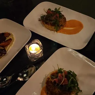 Roasted carrots, and 2 crab cake appetizers