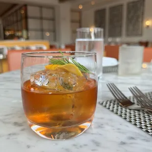 Riviera Old Fashioned (Sagamore Rye, Lost Irish Whiskey, Chai, and Pomegranate) for $22