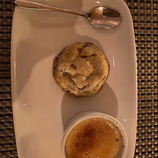 Café Gourmand- chef's selection of desserts! Chocolate chip cookie and crème brûlée