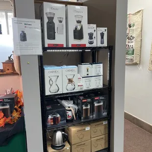a display of coffee makers