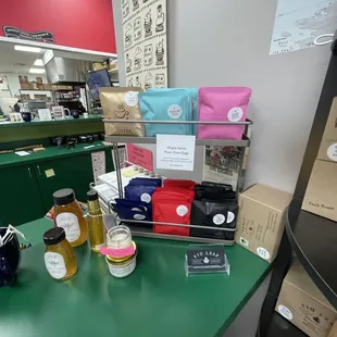 a green counter with various items on it