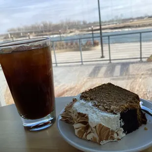 Sweet potato bread, iced coffee, riverfront view
