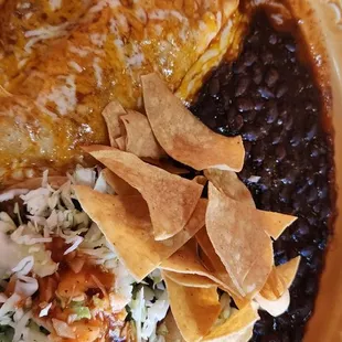 Chicken enchilada and grilled steak (super tender), nice chips