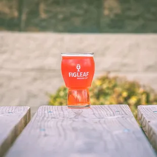 a glass of beer on a picnic table