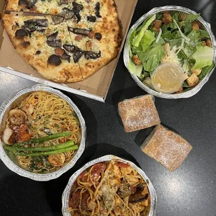 Caesar salad, Baked eggplant with chicken, Tuscan shrimp and scallop, Truffled Mushroom Pizza