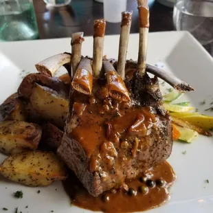 pan-seared lamb, baked then finished with a red wine Dijon mustard demi glaze $36