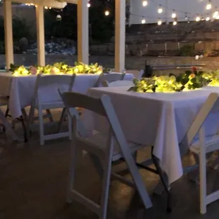 Tables, Resin chairs and linen available.