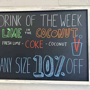 Drink of the week signage.