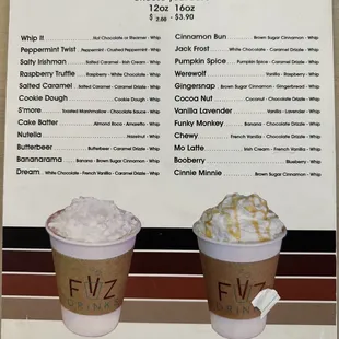 Hot Chocolate &amp; Steamers menu.
