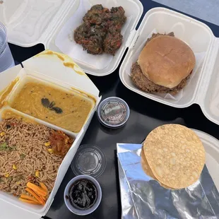 Mango Dahl, bhajia, chicken sandwich, papadum