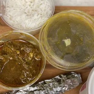 Takeout curry, rice, and roti