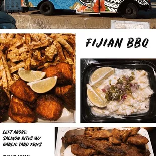 a food truck and a plate of food