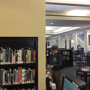 View of cafe seating inside the library
