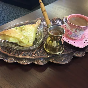 Turkish coffee &amp; Greek cheese pie. Both delicious &amp; I love the presentation.