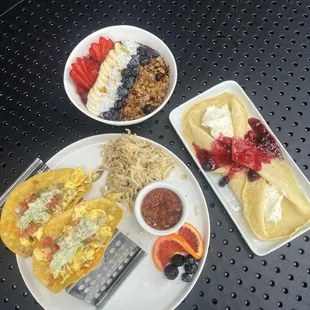 Breakfast Tacos, Acai Bowl, Lemon Blueberry Crepe