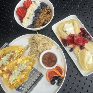 Breakfast Tacos, Acai Bowl, Lemon Blueberry Crepe