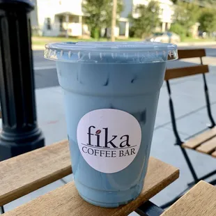 Blue Zen Tea Latte (iced) -- butterfly pea powder, lemon chamomile tea, jasmine syrup &amp; milk