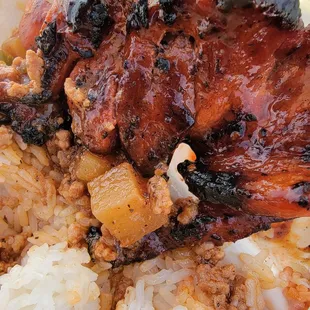 BBQ Pork, ground pork with peas over rice