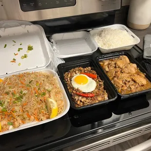 Pancit Bihon, Sisig, and Chicken Adobo