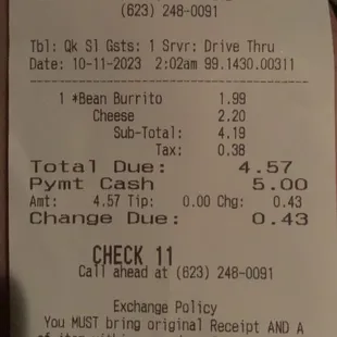 the receipt for the restaurant