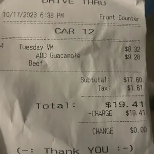 a receipt for a drive thru