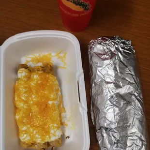 Horchata, California burrito and 3 beef rolled tacos with sour cream and cheese.