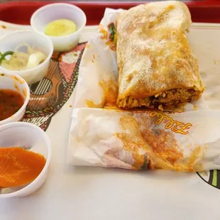 My 1/3 finished chorizo breakfast burro. I have an additional yummy meal for later. Yum!