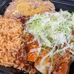 Number 5 . Two cheese enchiladas with rice and beans