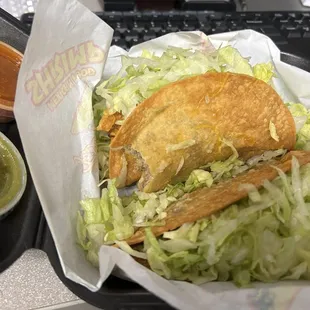 Three shredded beef tacos ordered &quot;Mas Dorados.&quot;