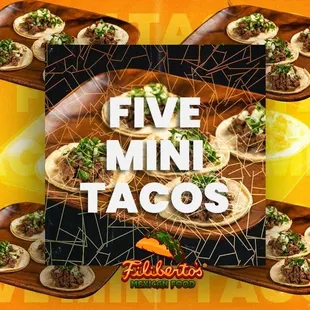 five mini tacoss on wooden trays