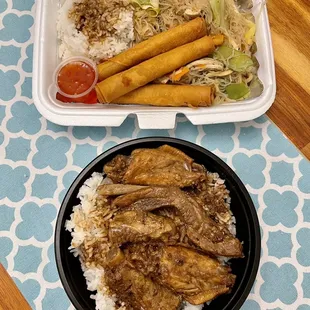 Combo Meal of Pancit,, lumpia and rice plus Chicken and Pork Adobo