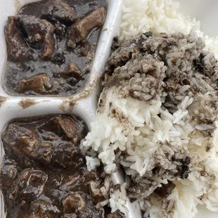 rice, beef and beans in a styrofoam container